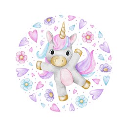 unicorn, flowers and hearts. isolated hand drawn watercolor illustration for girl's. around kid's arrangement with fairy tale pony for clothes, baby shower and birthday cards, posters