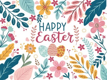 easter holiday greeting card template. background design for banner, cover, invitation, shop promotion. with easter eggs, flowers and calligraphy happy easter. 