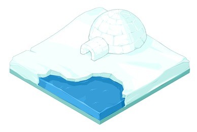 a vector illustration of a arctic snow scene with igloo and sea water.  isometric igloo on ice.  arctic snow scene with igloo.