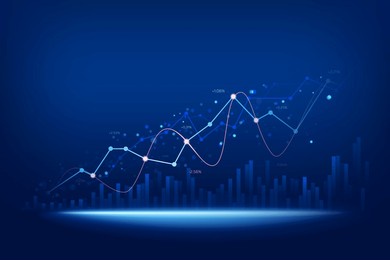stock market growing up with different indicators on blue background, business financial growth