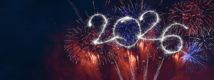 happy new year 2026, new year's eve, silvester, 4th of july celebration greeting card banner panorama - america usa united states of america firework fireworks pyrotechnics