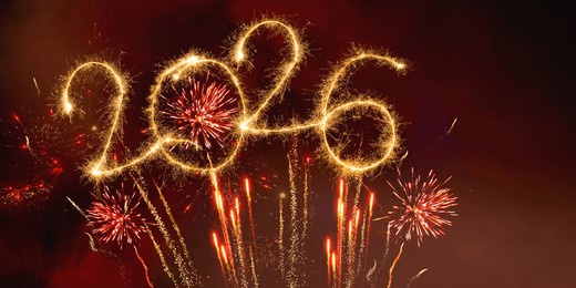 happy new year, new year's eve, silvester, new year, celebration greeting card, new year card - year 2026 in sparkler font and firework fireworks pyrotechnic, isolated on black night sky background