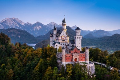 famous neuschwanstein castle in bavaria, germany, before sunrise