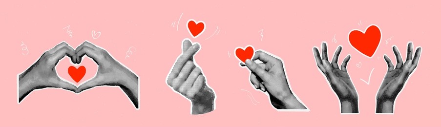 halftone hand heart. realistic hands love gestures vintage collages valentine day romance wedding, loving like promise korean hearts gesture romantic language vector illustration original artwork