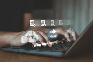 data transfer technology concept. cloud backup data download management, exchange file copy, dms loading. ftp(file transfer protocol) files recovery computer backup. transfer document to data folder.