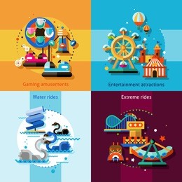 amusement park design concept set with gaming entertainment attractions water and extreme rides flat icons isolated vector illustration