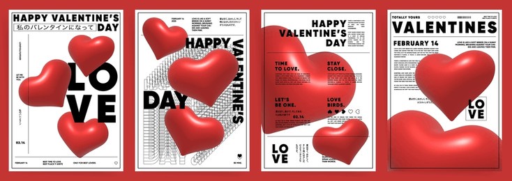 a4 posters with 3d red hearts. valentine’s day cards templates with bold typography, red 3d hearts, and minimalist black and white layouts for stylish celebrations of valentine, wedding and birthday.
