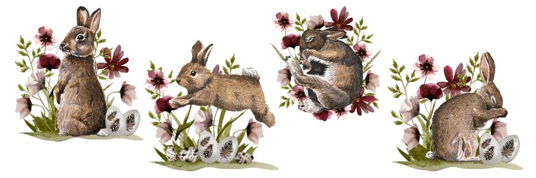 freehand watercolor bunny set isolated on white background. hand drawn collection watercolour brown easter rabbits, egg,  spring bunny and flowers, cute fluffy pet, farmhouse animal. 