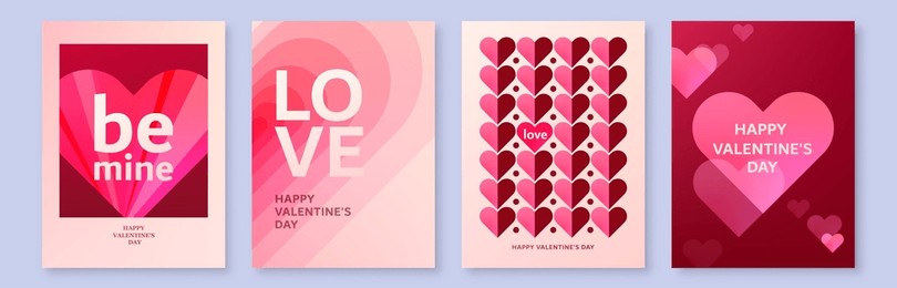 heart background for valentines day, vector set. love pattern with overlay gradient hearts. geometric romance minimal banner. modern abstract valentine art in pink, light red color.