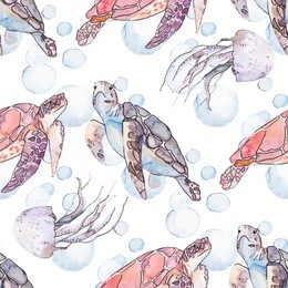 underwater sea pattern. sea turtles and jellyfish. ocean vector.