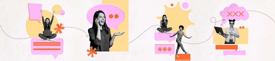 3d sketch poster trend collage image of happy girls chatterbox communication speech cloud password symbol speak phone type laptop