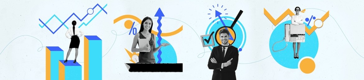 art panoramic poster trend art collage of happy business people girls man arrow development concept graph success telephone magnifier hr