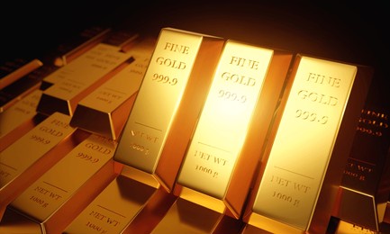 gold bar, gold bullion background. precious metal is in high demand in industrial and investment sectors. concept of gold value growth rate, and gold market exchange rates. 3d illustration