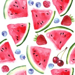 bright summer seamless pattern with juicy slices of watermelon and strawberries, cherries, raspberries, blueberries. handmade paints.