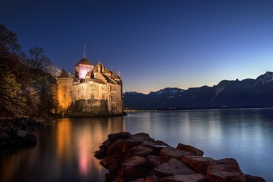 the castle of chillon, a 13th-century castle on the shore of lake geneva, situated only 3 km south of montreux, switzerland and is one of the best preserved medieval castles in europe.