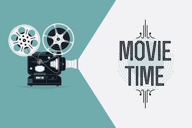 cool retro movie projector vector detailed poster, leaflet or banner template with sample text | analog device: cinema motion picture film projector with different film reels