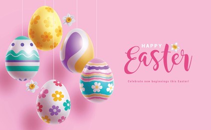 happy easter greeting clipart design. easter egg hunt with cute colorful eggs elements hanging in pink background for playful kids celebration clip art. vector illustration seasonal greeting design. 
