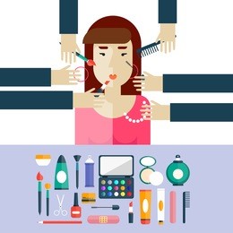 woman at beauty salon. hands applying makeup on a woman head. flat design. makeup and beauty icons set.