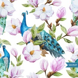 watercolor, magnolia, flower, peacock, pattern, wallpaper, 