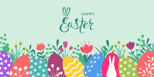 happy easter background with colorful eggs and spring flowers. cute decoration with lettering for banner, card, poster. vector illustration.
