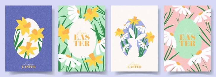 set of holiday easter cards. creative easter vector illustration with eggs, spring flowers and grass. contemporary posters for design of party, celebration, ad, branding, cover, card, sale.