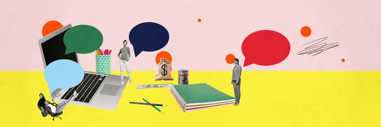 sketch image artwork composite photo collage of human resources manager team young lady man sit armchair work laptop speech cloud chatting