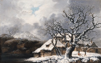 a winter landscape. vintage winter snowy landscape illustration. vintage winter nature scenery art drawing illustration, old village with huts landscape painting art print.