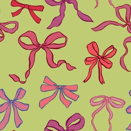 vector red and pink bows seamless pattern. hand-drawn gift bow isolated on yellow background. holiday illustration for design, print, fabric or background.