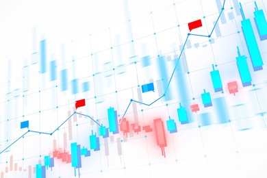 financial chart with blue and red candlesticks on a white background, showing trading trends and analysis, concept of market growth. 3d rendering.