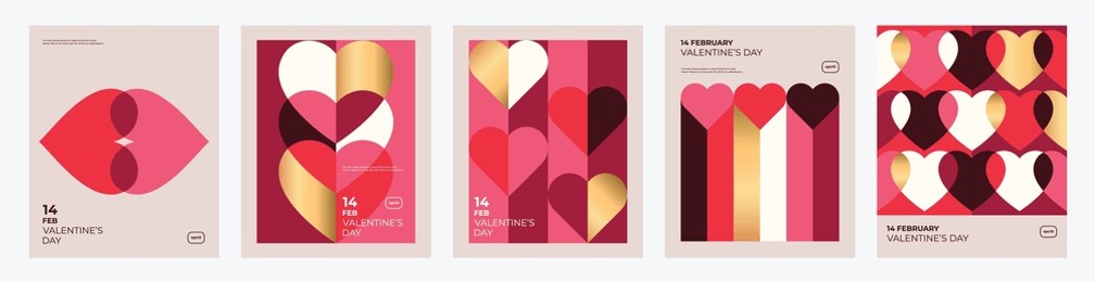 valentine's day posters set, greeting card, cover, label, sale promotion templates, geometric pattern background.