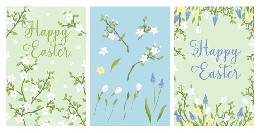 easter greeting cards, blossoming  tree branches, grape hyacinth and snowdrop, elements for creating  easter  postcards, posters and background
