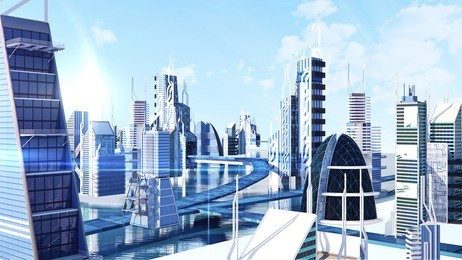 futuristic sci-fi city street view, 3d digitally rendered illustration   for use in presentations, education manuals, design, etc.