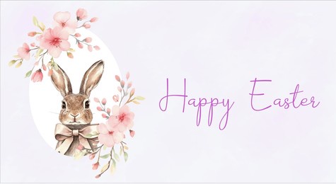 happy easter watercolor banner. cute bunny in egg-shaped frame decorated with pink spring flowers. watercolor easter symbols. vector illustration.
