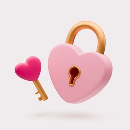 3d pink heart shaped lock and golden key with heart on top. closed heart padlock love icon. realistic wedding concept, valentines day symbol, romantic protection, safety security sign on white