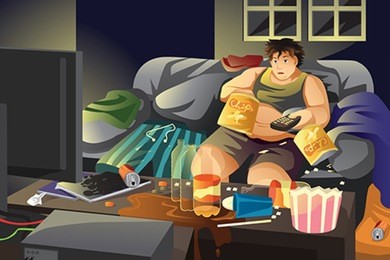 a vector illustration of lazy man eating potato chips and watching tv