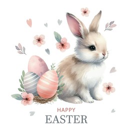 happy easter. watercolor card with cute easter bunny, eggs and spring flowers in pastel colors. isolated easter watercolor decor elements