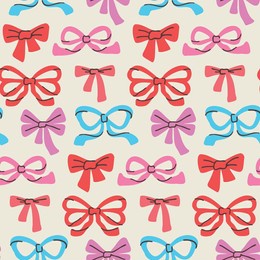 hand-drawn seamless pattern of colorful bows on a light background, featuring soft shades of pink, red and blue. cute, romantic, playful design.