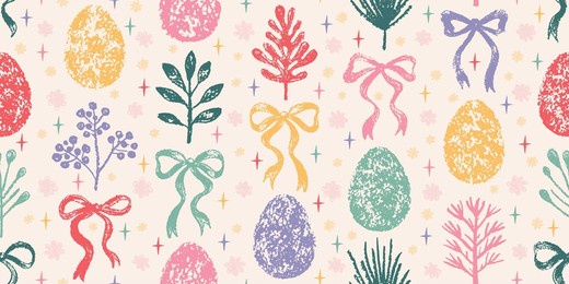 easter eggs with bow and plant pattern. seamless crayon background. vector for happy easter holiday. spring doodle decoration with bow ribbon, flower, egg. childish chalk crayon bg. cute seamless bg