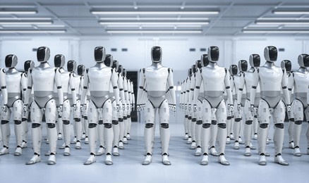 3d rendering humanoid robot assembly or group of human like cyborgs in factory