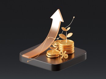 financial growth 3d illustration with gold coins, up arrow, and wealth for investment success.