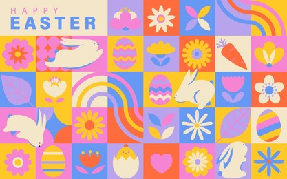 geometric banner for happy easter with elements and symbols of holiday, decorated eggs, flowers,rabbits, chickens and text greeting. trendy cute template for web,social media ads, flyers,print. vector