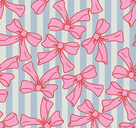 vintage seamless pattern with pink bows and stripes. vector flat background with hand drawn ribbon bowknots. retro coquette aesthetic