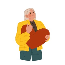 happy woman with heart, vector image or clipart. lady holds heart in hands. sign that means to be in love, give a love or confession of love. romantic mood or vibe. valentines day greeting card.