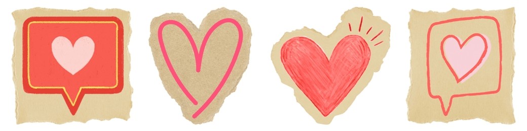 four heart illustrations in speech bubbles. red and pink hearts in various styles. love and communication theme with hearts and speech bubbles. paper craft element set isolated on white background.