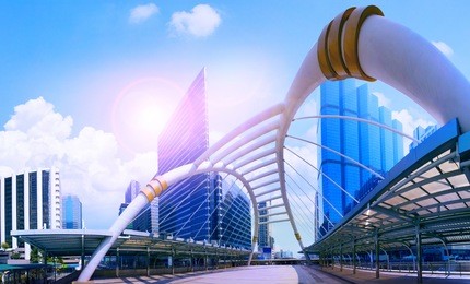 bridge link between mrt and bts mass transportation in heart of bangkok newly modern important land mark of city life in bangkok thailand color process in blue vibrant tone