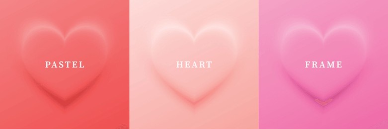 a set of abstract 3d heart designs in different colors featuring geometric heart shape frames, perfect for cosmetic product display backdrops, shown in top view as a vector illustration.