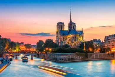 picturesque cityscape of cathedral of notre dame de paris at sunset, france