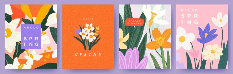spring set of the cutest cards or posters for the spring holiday with wildflowers, narcissus flower, crocus flowers. hand drawn floral art templates for womens day, birthday, mothers day, easter decor