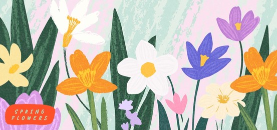 spring cutest card or poster for the spring holiday with wildflowers, narcissus flower, crocus flowers. hand drawn floral art template for womens day march 8, birthday and mothers day