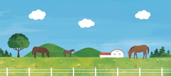 grass pasture, mountains and horses landscape 2